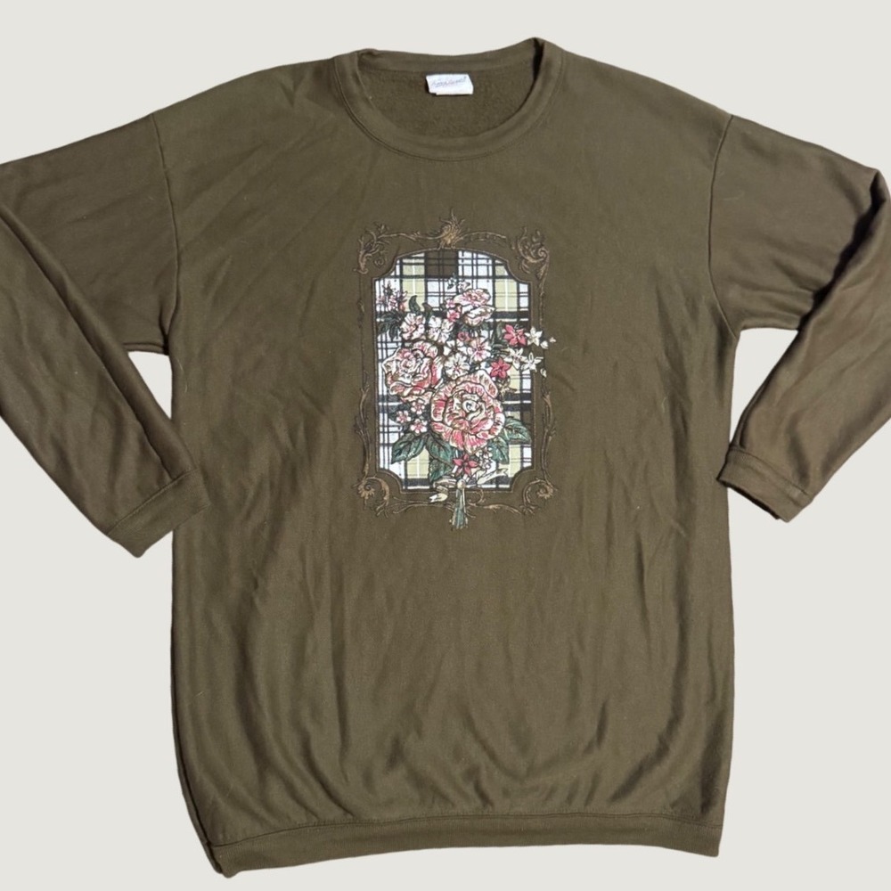 Vintage Bobbie Brooks Olive Green Floral Rose Sweatshirt Made in USA Large